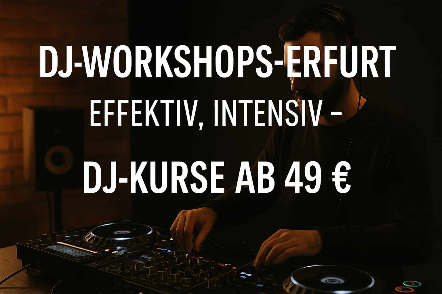 DJ-Workshops-Erfurt im Vision Decades Tonstudio – DJ arbeitet am Mischpult im Studio, weißer Text „effektiv, intensiv – DJ-Kurse ab 49 €“ eingeblendet.