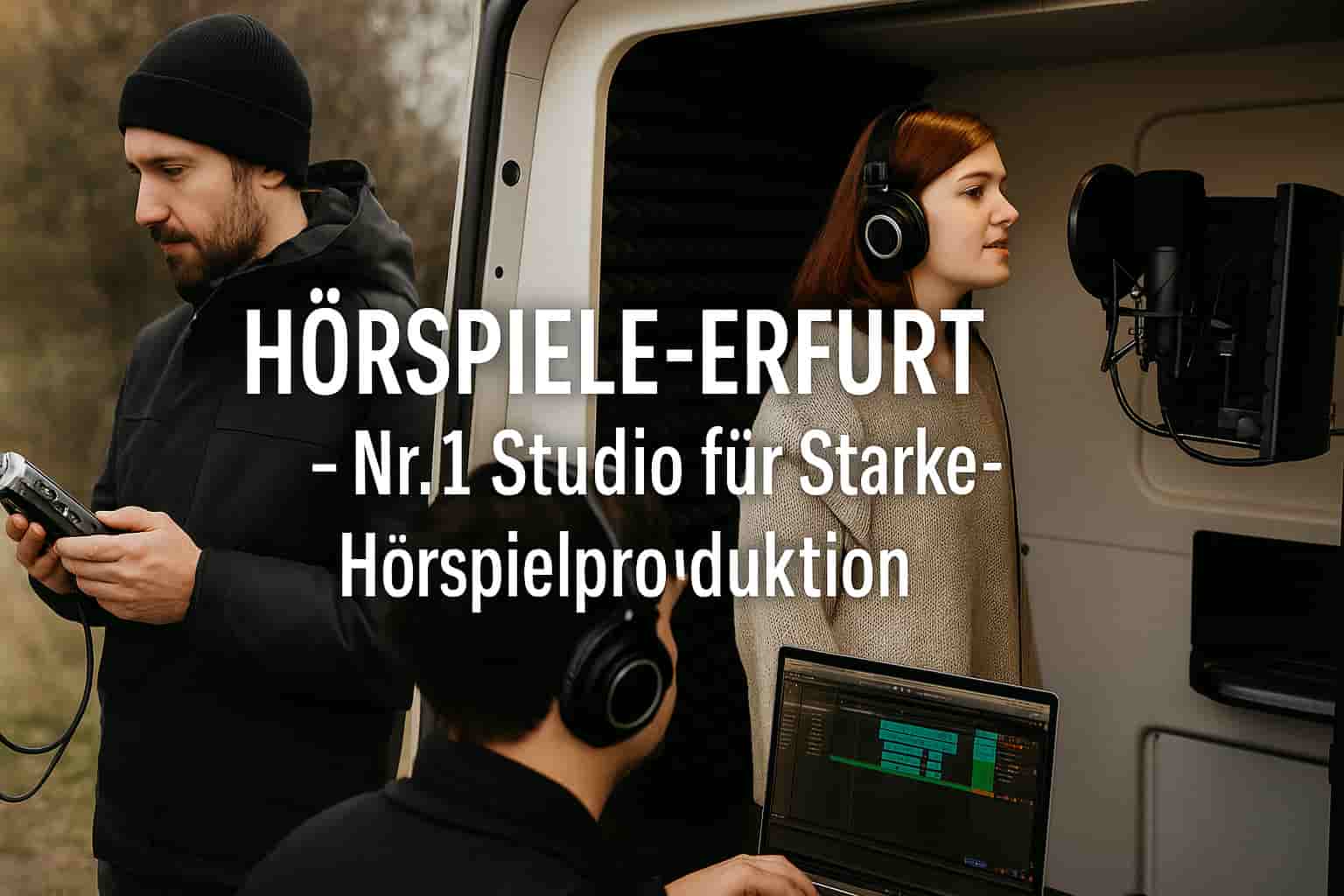 Hörspiele-Erfurt – Nr.1 Studio für starke Hörspielproduktion: mobiles Tonstudio, Sprecherkabine und Field Recording im Einsatz, weißer Schriftzug.