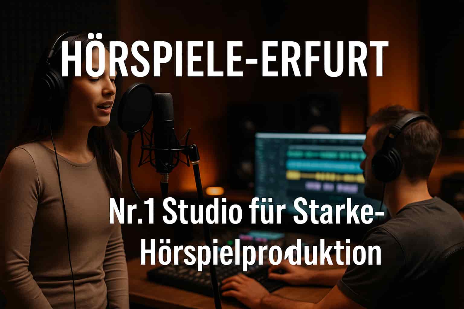 Hörspiele-Erfurt – Nr.1 Studio für starke Hörspielproduktion: Sprecherin und Produzent bei der Aufnahme im Vision Decades Tonstudio, kreatives Studio-Setting, weißer Text im Bild.