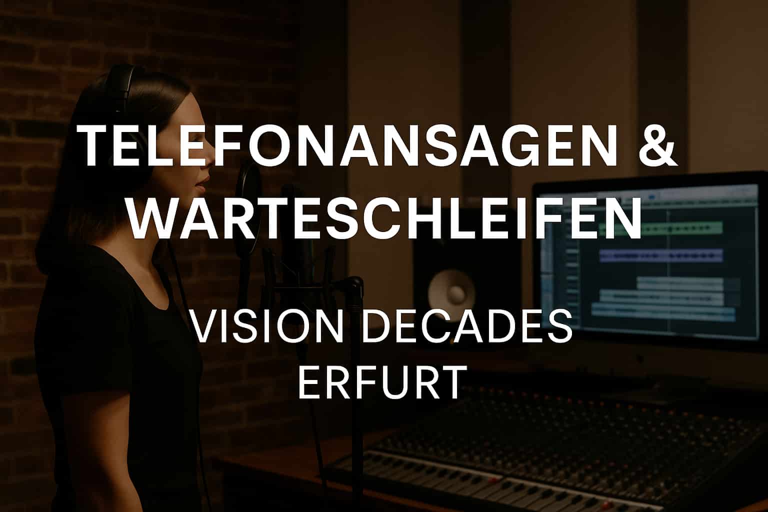 Telefonansagen-Warteschleifen im Vision Decades Tonstudio Erfurt – professionelle Sprecherin am Mikrofon, weißer Schriftzug im modernen Studio.