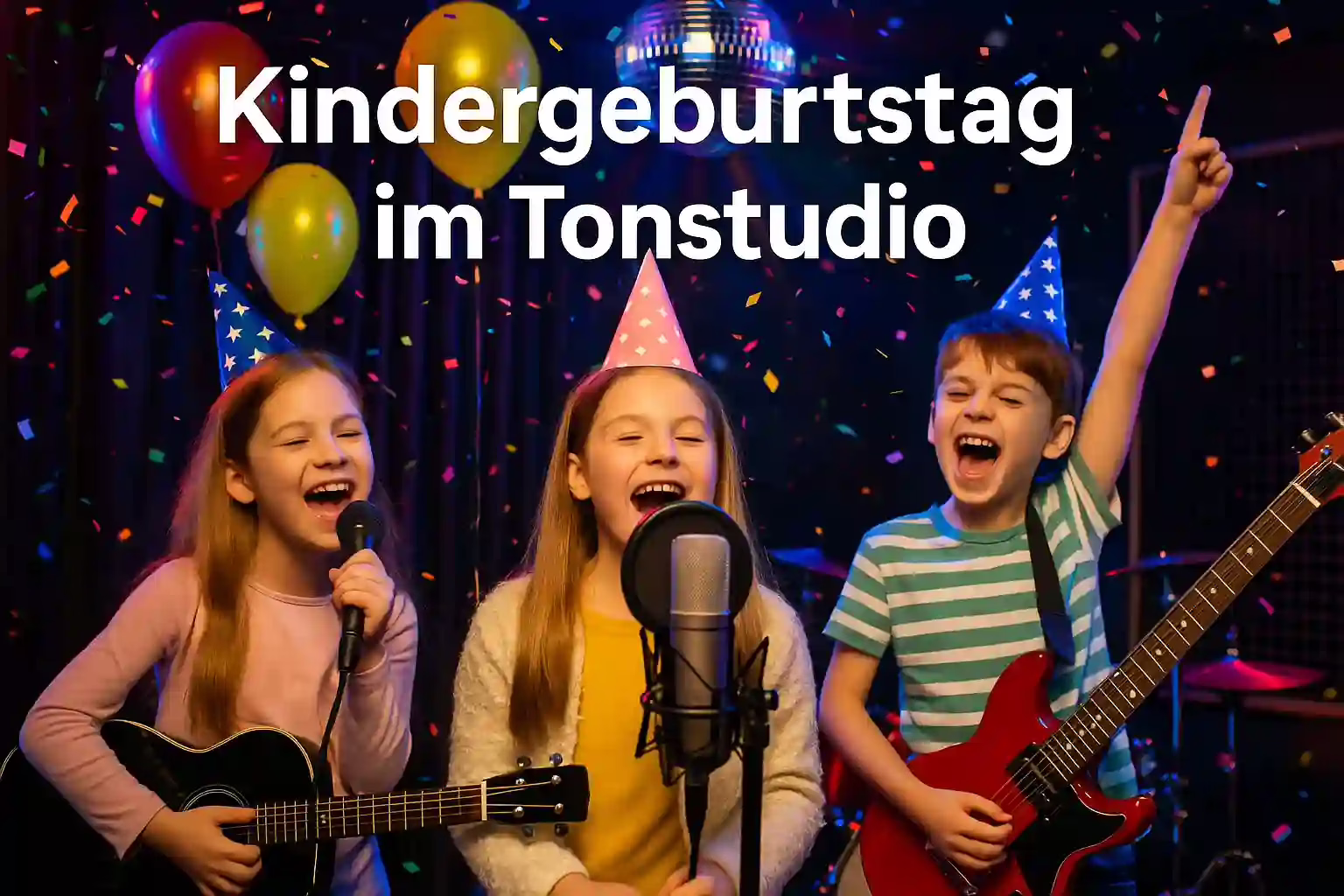 Kindergeburtstag im Tonstudio Erfurt – Kinder singen mit Instrumenten und Partyhüten im professionellen Musikstudio, Aufnahme-Party mit Mikrofon, Gitarren und Ballons
