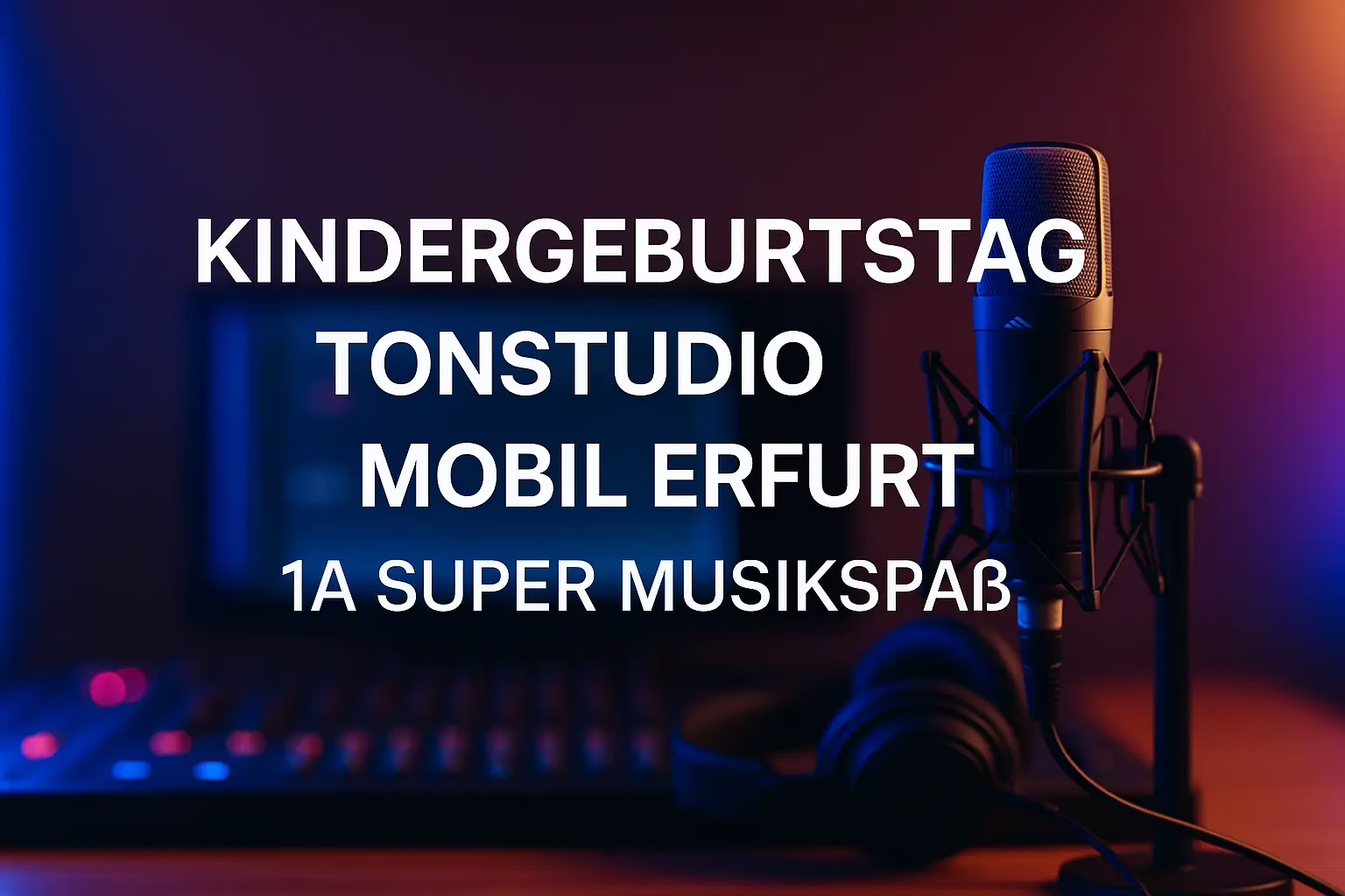 Kindergeburtstag Tonstudio mobil Erfurt – modernes Banner im Vision Decades Style, Studioatmosphäre mit Kindern am Mikrofon und Partystimmung